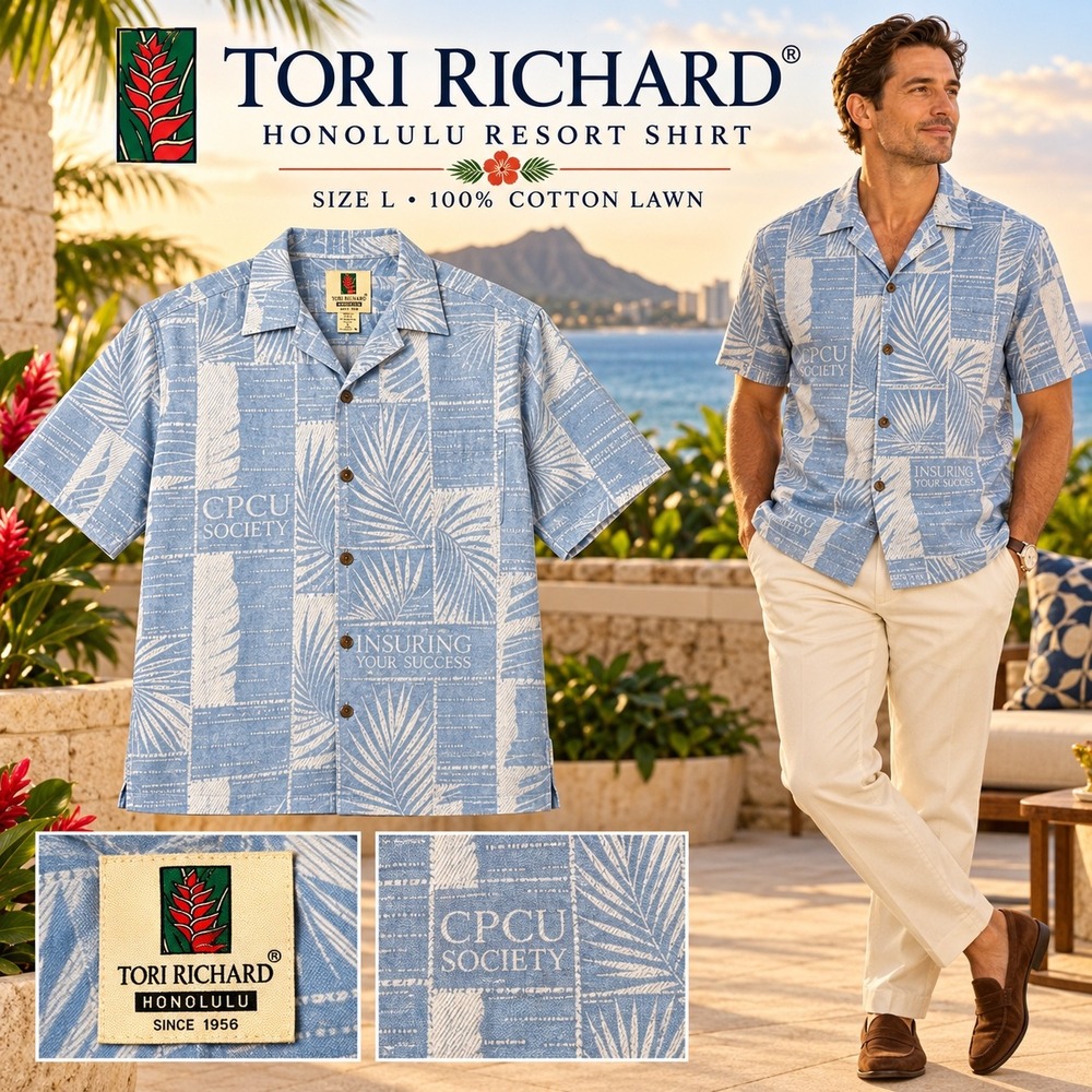Tori Richard Honolulu Mens Large Blue Cotton Lawn CPCU Society Aloha Shirt USA